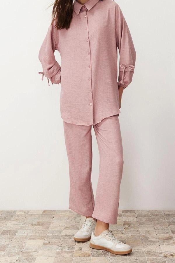 Moda Dokuma Düz Düşük Kol Casual Günlük Pudra Keten Görünümlü Dokuma Alt-Üst Takım - Image 1