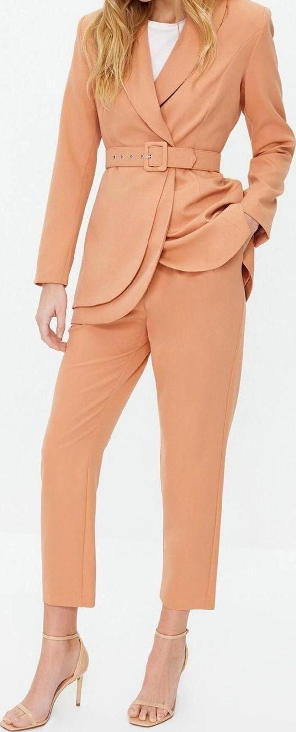 Moda Düz Ceket Yaka Resmi Kemerli Krep Astarlı Ceket Pantolon Dokuma Alt Üst Takım - Image 1