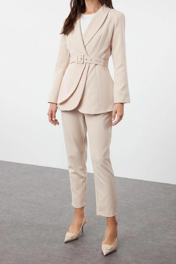 Moda Düz Ceket Yaka Resmi Kemerli Krep Astarlı Ceket Pantolon Dokuma Alt Üst Takım - Image 1
