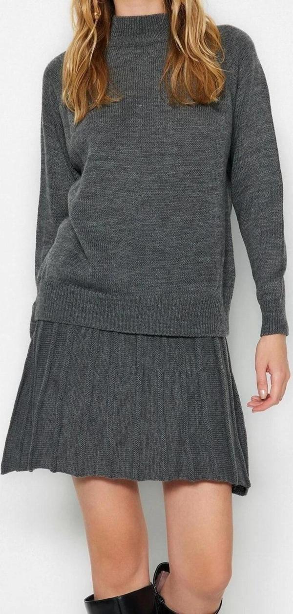 Moda Yüksek Bel Düz Dik Yaka Reglan Kol Casual Günlük Fırfır Detaylı Dik Yaka Triko Alt-Üst Takım - Image 1