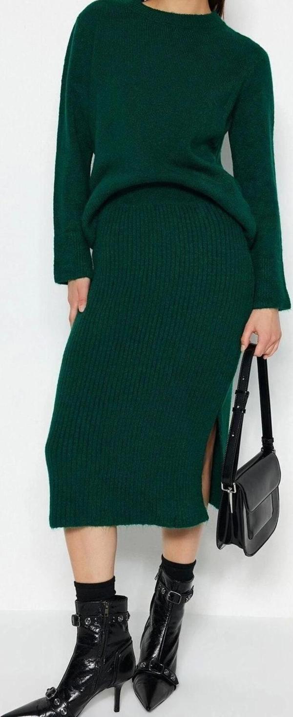 Moda Triko Düz Bisiklet Yaka Casual Günlük Yumuşak Dokulu Etekli Triko Alt-Üst Takım - Image 1