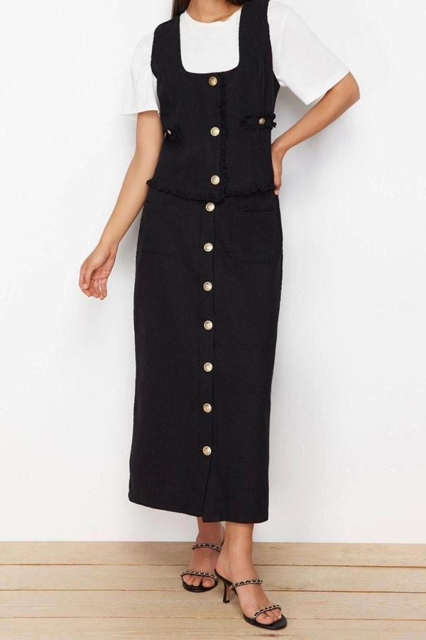 Moda Dokuma Düz Casual Günlük Fuşya Tüvit Yelek Etek Dokuma Alt Üst Takım - Image 1