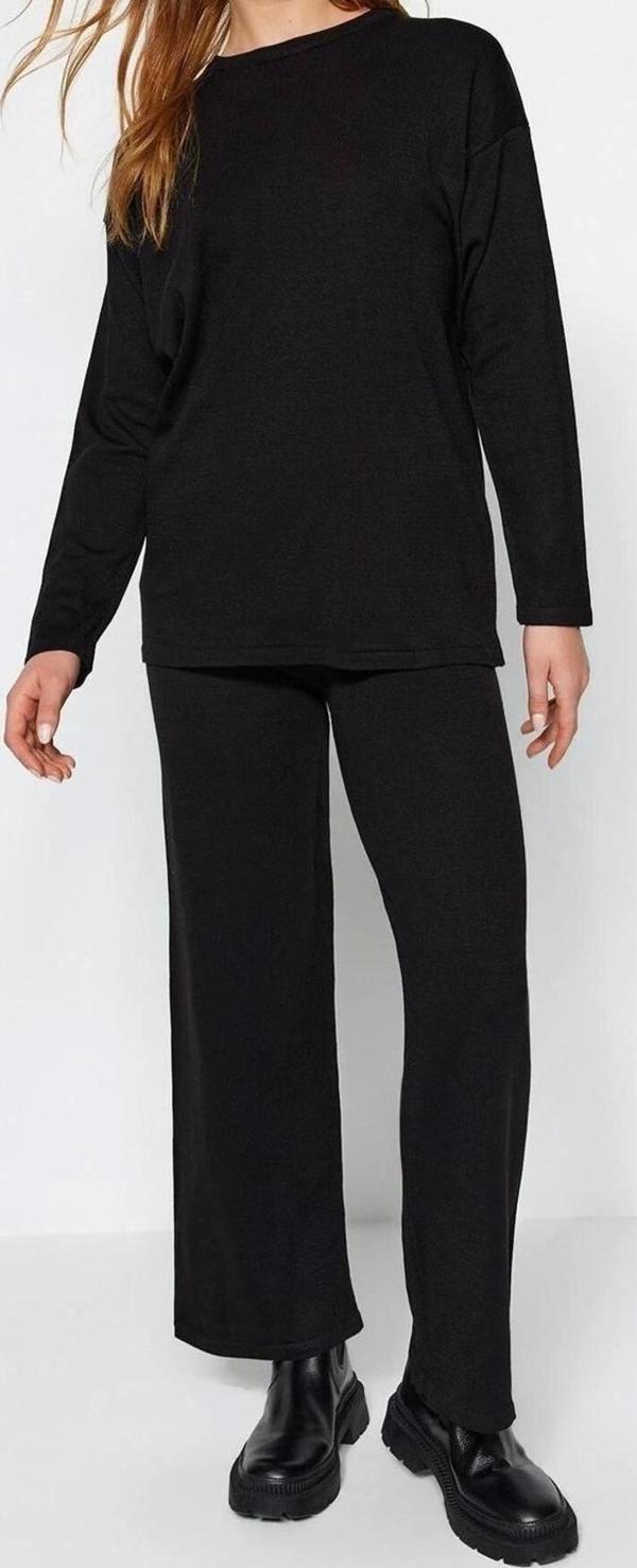 Moda Triko Bisiklet Yaka Düşük Kol Casual Günlük Basic Bisiklet Yaka Pantolonlu Triko Alt-Üst Takım - Image 1