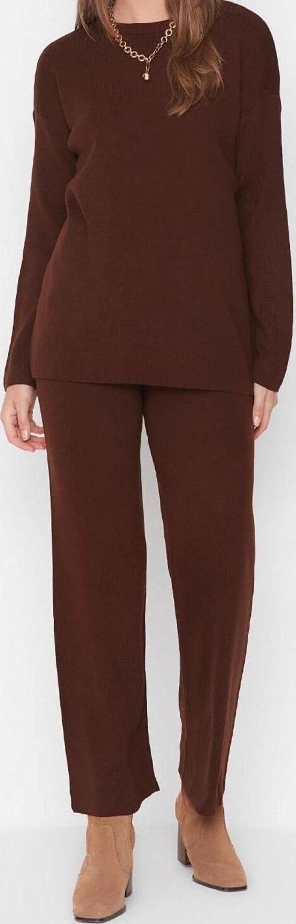 Moda Triko Bisiklet Yaka Düşük Kol Casual Günlük Basic Bisiklet Yaka Pantolonlu Triko Alt-Üst Takım - Image 1