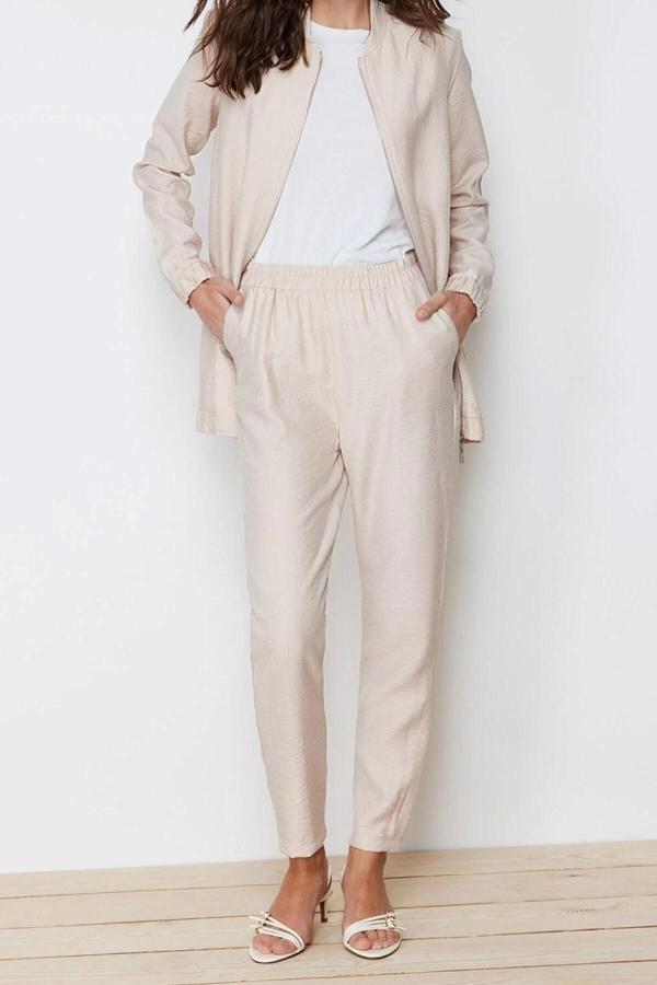 Moda Bisiklet Yaka Balon Kol Casual Günlük Keten Görünümlü Dokuma Pantolon Tunik Alt Üst Takım - Image 1