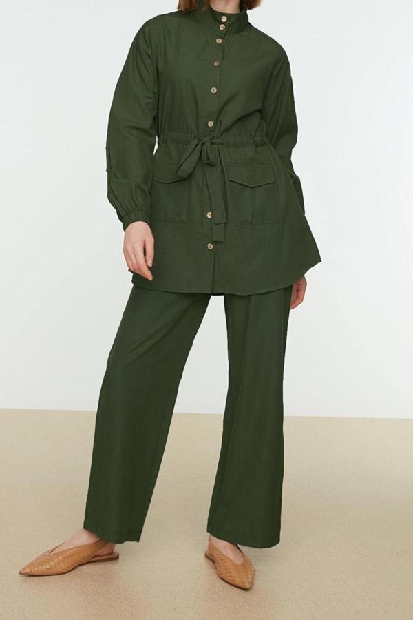 Moda Dokuma Yüksek Bel Düz Dik Yaka Casual Günlük Dik Yaka Kuşaklı Gömlek-Pantolon Dokuma Takım - Image 1