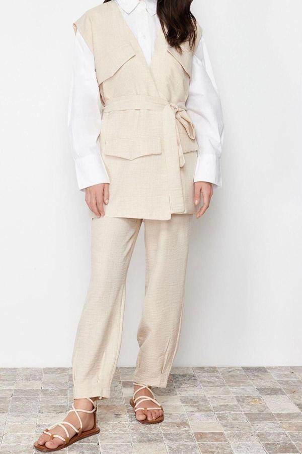Moda Dokuma Düz Düşük Kol Casual Günlük Taş Keten Görünümlü Yelek Pantolon Dokuma Alt Üst Takım - Image 1