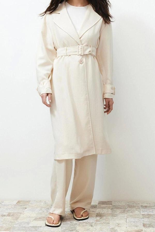 Moda Ceket Yaka Düşük Kol Casual Günlük Taş Trenç Detaylı Kimono Pantolon Dokuma Alt Üst Takım - Image 1