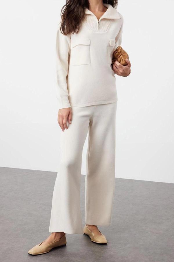 Moda Triko Düz Dik Yaka Düşük Kol Casual Günlük Geniş Kalıp Fermuarlı ve Cepli Triko Alt-Üst Takım - Image 1