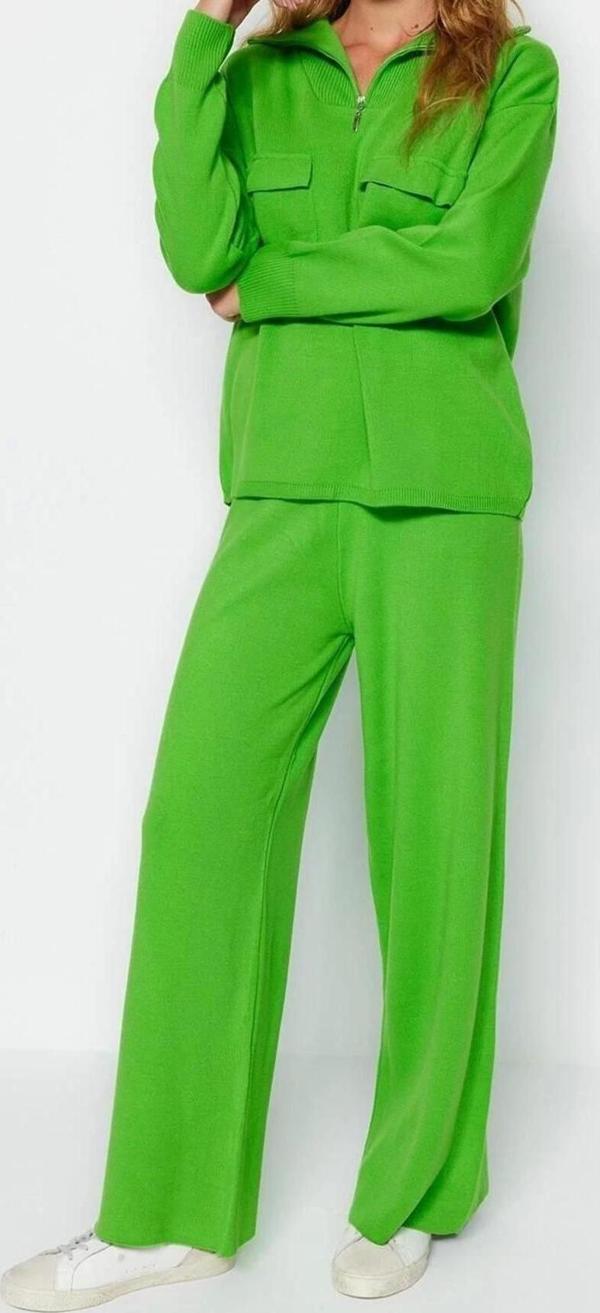 Moda Triko Düz Dik Yaka Düşük Kol Casual Günlük Geniş Kalıp Fermuarlı ve Cepli Triko Alt-Üst Takım - Image 1