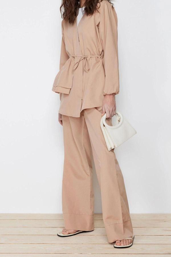 Moda Düz V Yaka Düşük Kol Casual Günlük Pamuklu Dokuma Kimono Pantolon Alt Üst Takım - Image 1