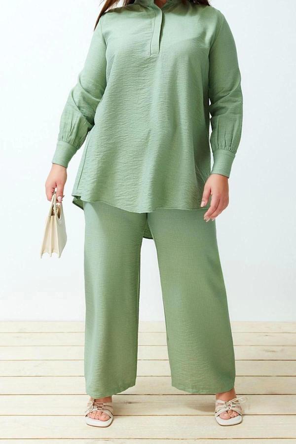 Moda Yüksek Bel Gömlek Yaka Günlük Yarım Gizli Patlı Omuz Detaylı Tunik-Pantolon Dokuma Takım - Image 1