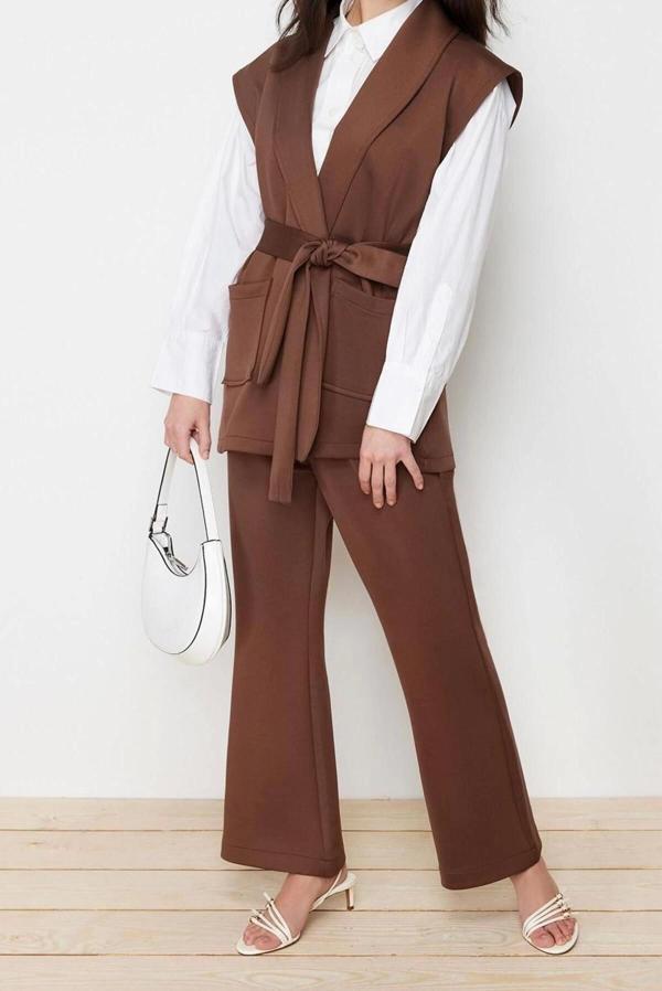 Moda Örme Düz Düşük Kol Casual Günlük Kuşaklı Scuba Örme Alt Üst Takım - Image 1