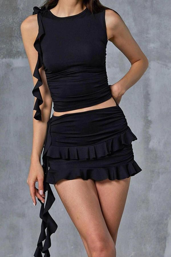 Moda Örme Düz Bisiklet Yaka Casual Günlük Siyah Fırfır Detaylı Alt&Üst Takım - Image 1