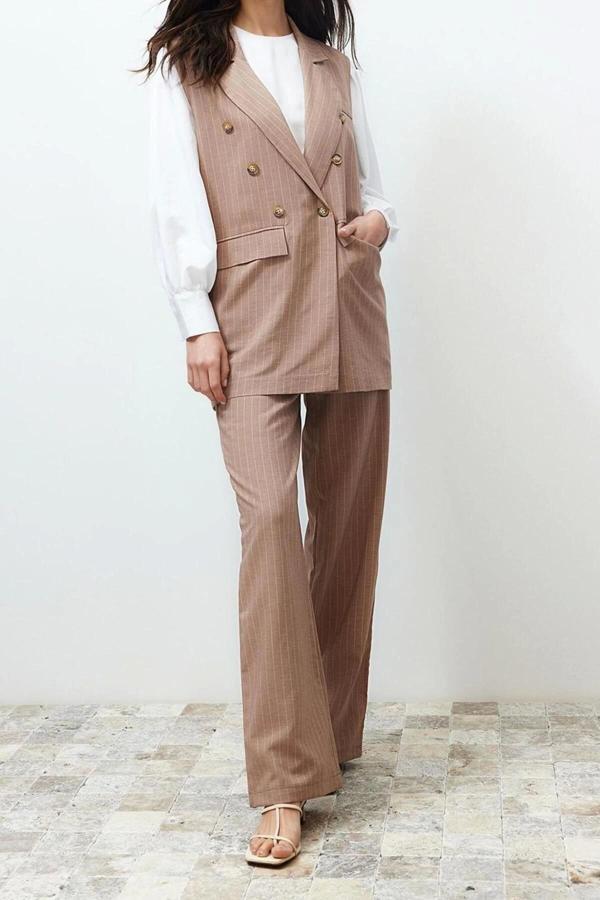 Moda Çizgili Ceket Yaka Resmi Vizon Çizgili Kumaş Yelek Pantolon Dokuma Alt Üst Takım - Image 1