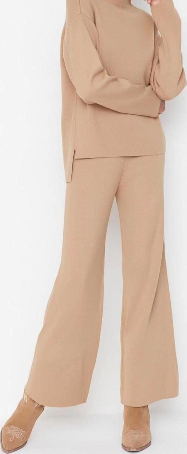 Moda Triko Düz Dik Yaka Düşük Kol Casual Günlük Regular Pantolonlu Triko Alt-Üst Takım - Image 1