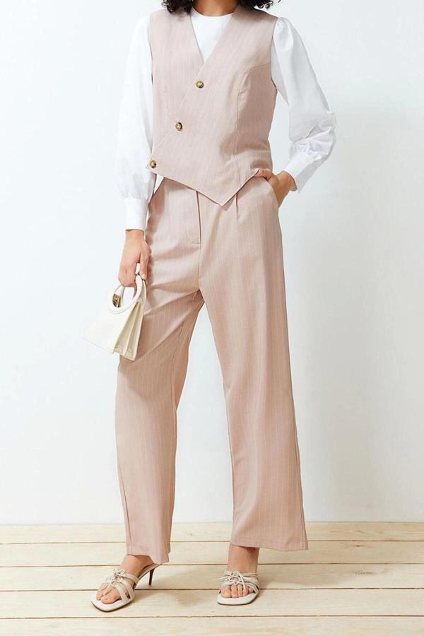 Moda Çizgili Kruvaze Resmi Taş Kruvaze Kapamalı Yelek Pantolon Dokuma Alt Üst Takım - Image 1