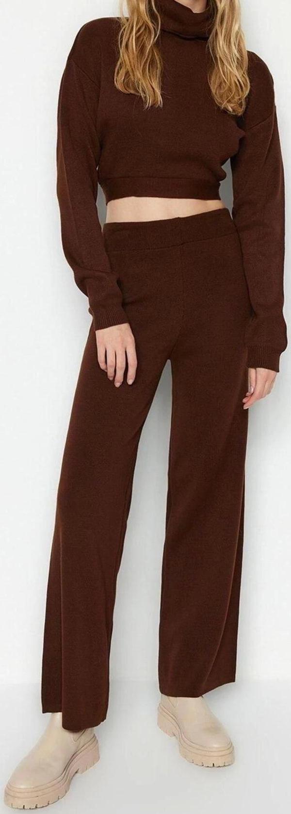 Moda Triko Düz Balıkçı Yaka Casual Günlük Crop Basic Balıkçı Yaka Triko Alt-Üst Takım - Image 1