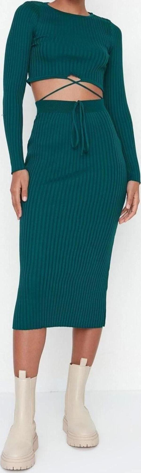 Moda Triko Degrade Bisiklet Yaka Günlük Yeşil Super Crop Bağlama Detaylı Etekli Triko Alt-Üst Takım - Image 1