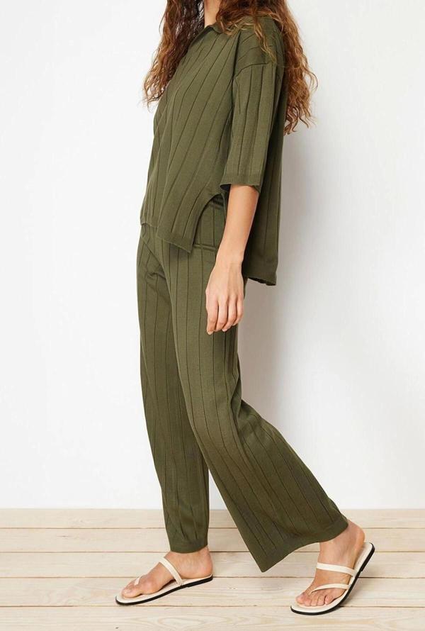 Moda Triko Düz Polo Yaka Casual Günlük Yeşil Basic Fitilli Triko Alt-Üst Takım - Image 1