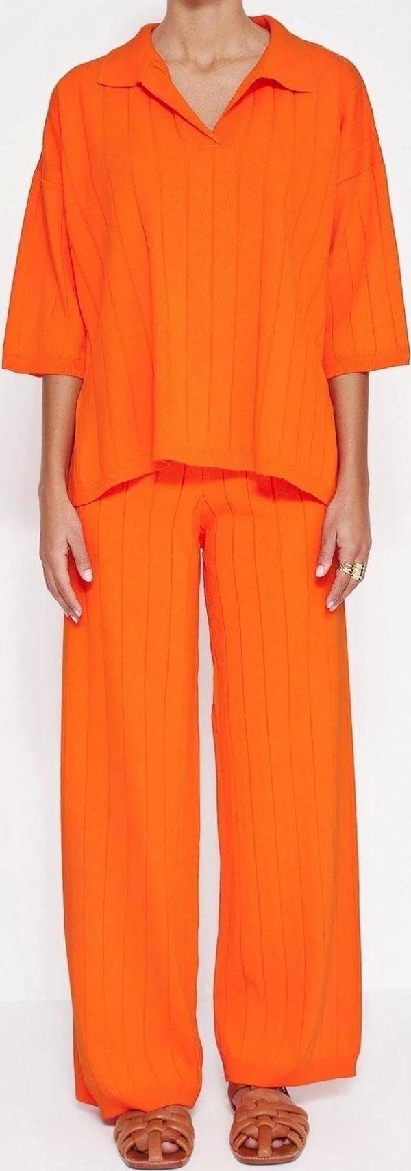 Moda Triko Düz Polo Yaka Casual Günlük Yeşil Basic Fitilli Triko Alt-Üst Takım - Image 1