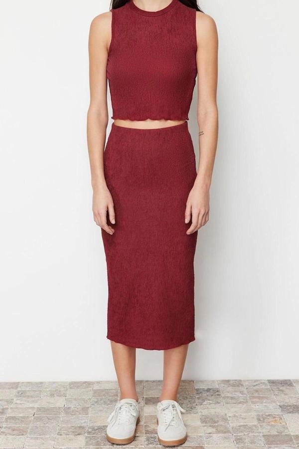 Moda Örme Düz Bisiklet Yaka Casual Günlük Tarçın Dokulu Kumaş Esnek Örme Alt-Üst Takım - Image 1