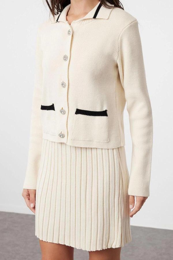 Moda Triko Renk Bloklu Polo Yaka Casual Günlük Taş Crop Cep Detaylı Mini Etekli Triko Alt-Üst Takım - Image 1