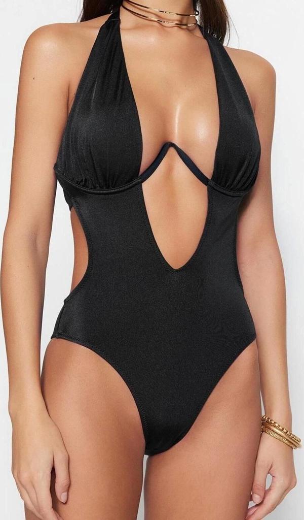 Kadın Moda Kapsız Askılı Derin V Yaka Siyah Balkonet Ters V Balenli High Leg Brazilian Mayokini - Image 1