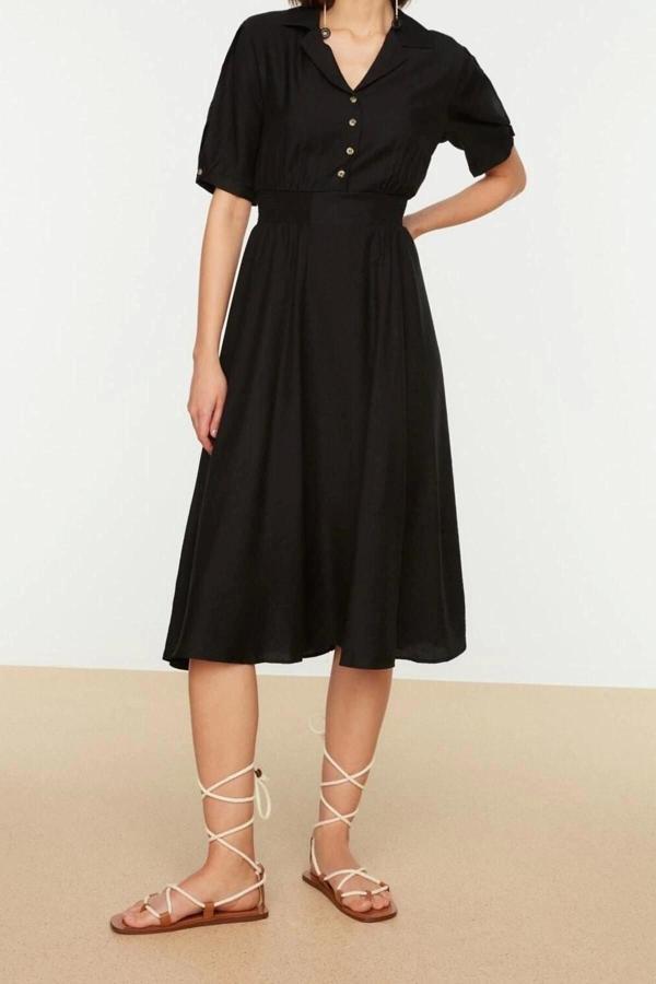 Moda Regular Casual Günlük Aerobin Dokuma Gömlek Yaka Kısa Kol Skater Midi Boy Elbise - Image 1