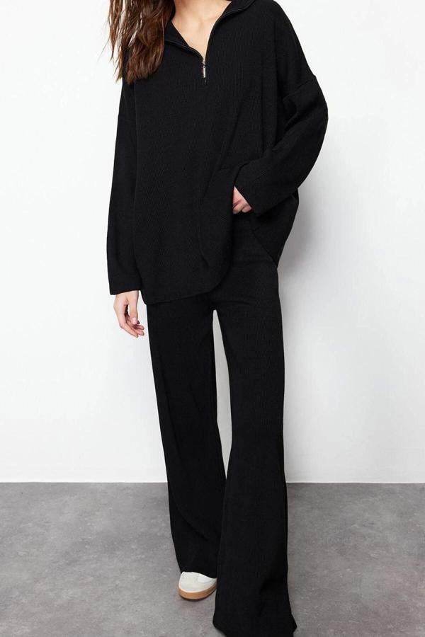 Moda Düz Dik Yaka Casual Günlük Ekru Rahat Kesim Dik Yaka Basic Triko Alt-Üst Takım - Image 1