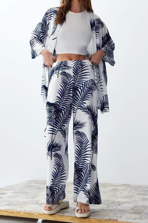 Moda Dokuma Baskılı Degaje Yaka Casual Günlük Siyah Desenli Kimono Pantolon Dokuma Alt-Üst Takım - Image 1