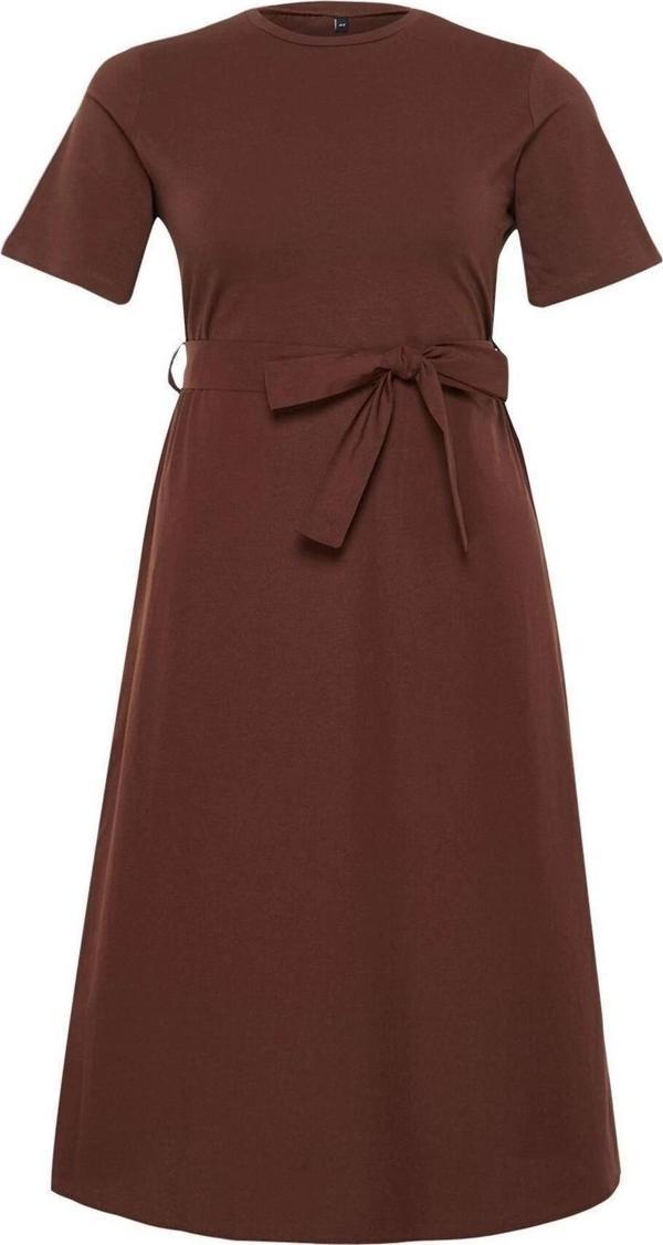 Moda Fit Casual Günlük Süprem Dokuma Bisiklet Yaka Kısa Kol A-Line Midi Boy Büyük Beden Elbise - Image 1