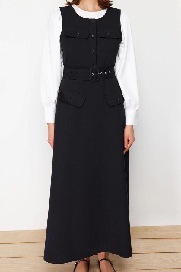 Moda Regular Casual Günlük Gabardin Dokuma U Yaka Kolsuz Kol Jile Maxi Boy Tesettür Elbise - Image 1