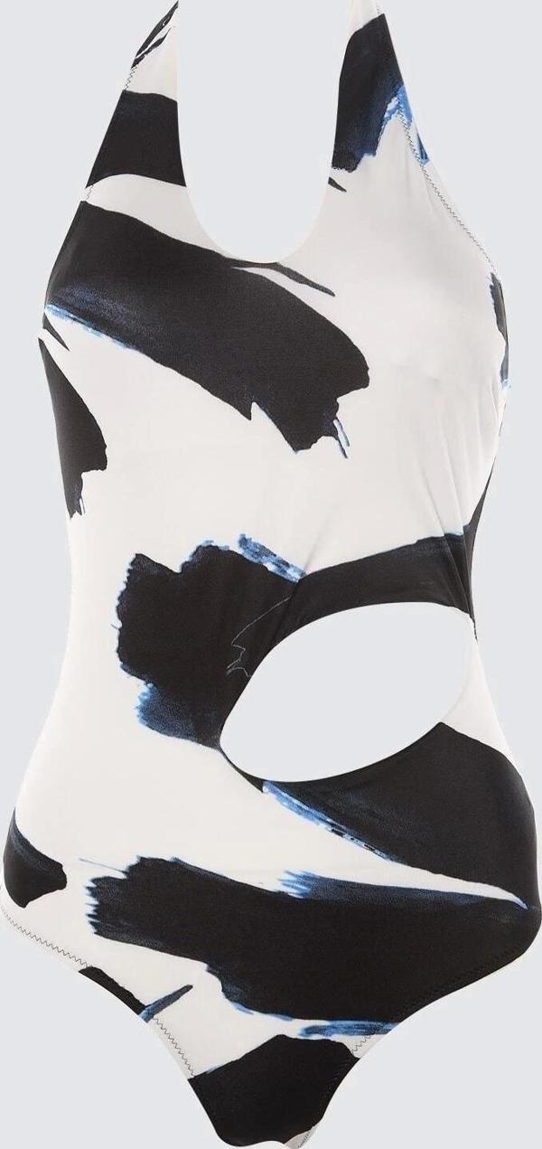 Kadın Moda Atma Kap Askılı Brazilian Yaka Soyut Desenli Tek Omuz Cut Out Pencereli Regular Mayo - Image 1