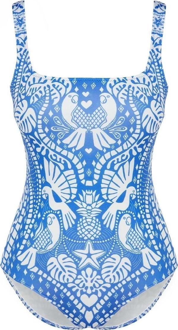 Kadın Moda Atma Kap Askılı Brief Yaka Tropikal Desenli Regular Mayo - Image 1