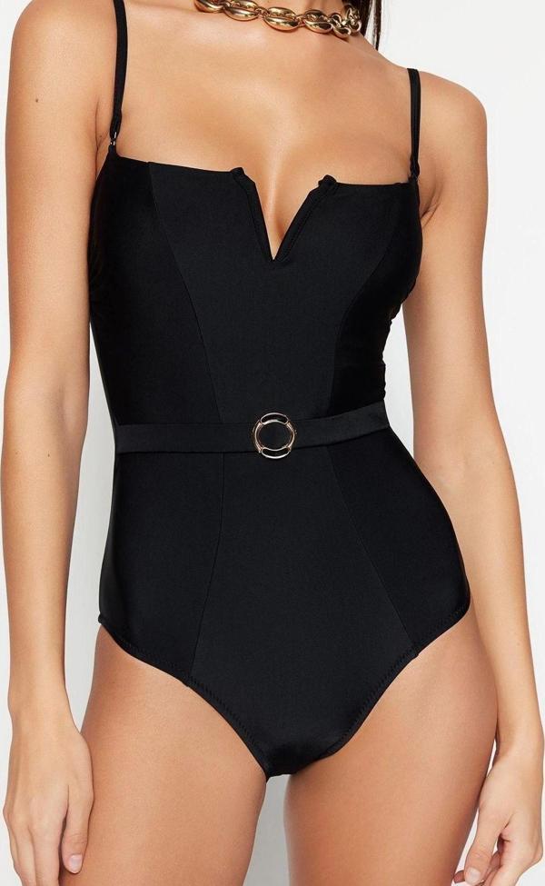 Kadın Moda Metraj Kap Askılı Straplez Yaka Siyah Kemerli Straplez Regular Mayo - Image 1