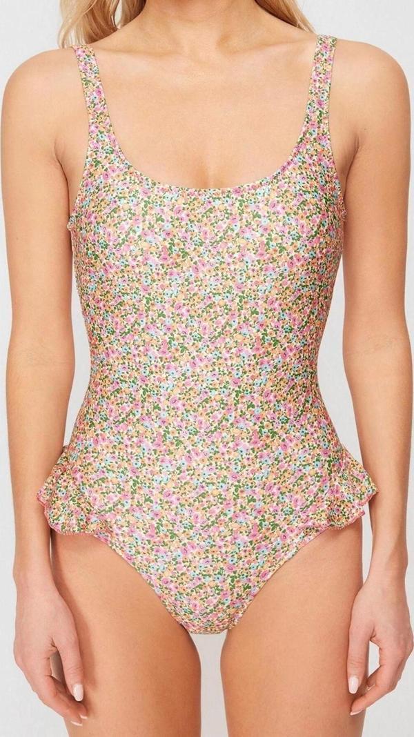 Kadın Moda Atma Kap Askılı Brief Yaka Çiçek Desenli Fırfırlı Regular Mayo - Image 1