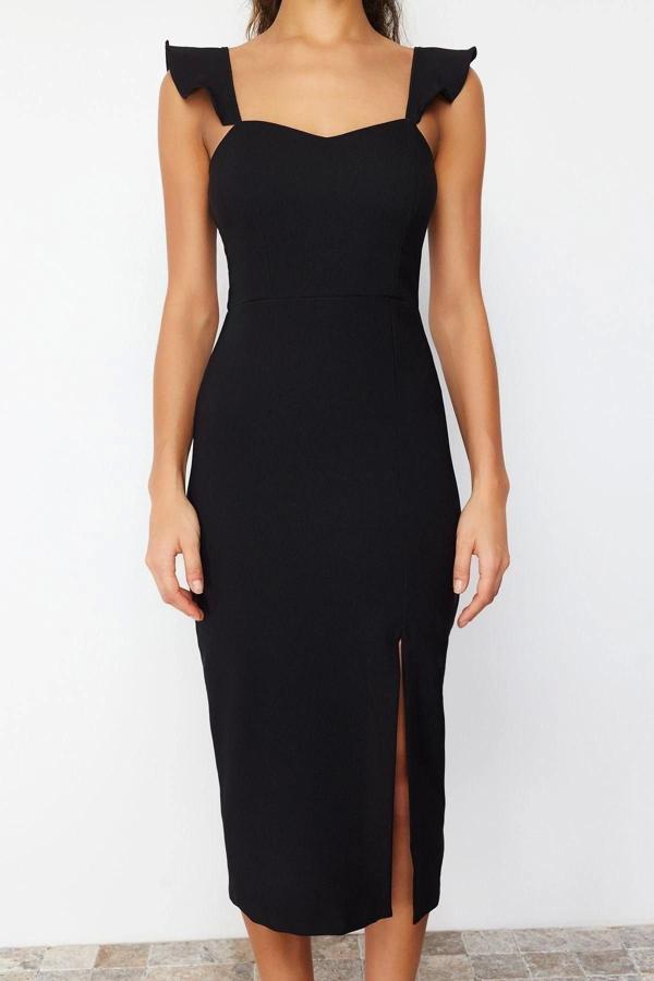 Moda Slim Casual Günlük Köpük Kumaş Örme Boyundan Bağlamalı Askılı Kol Bodycone Midi Boy Elbise - Image 1