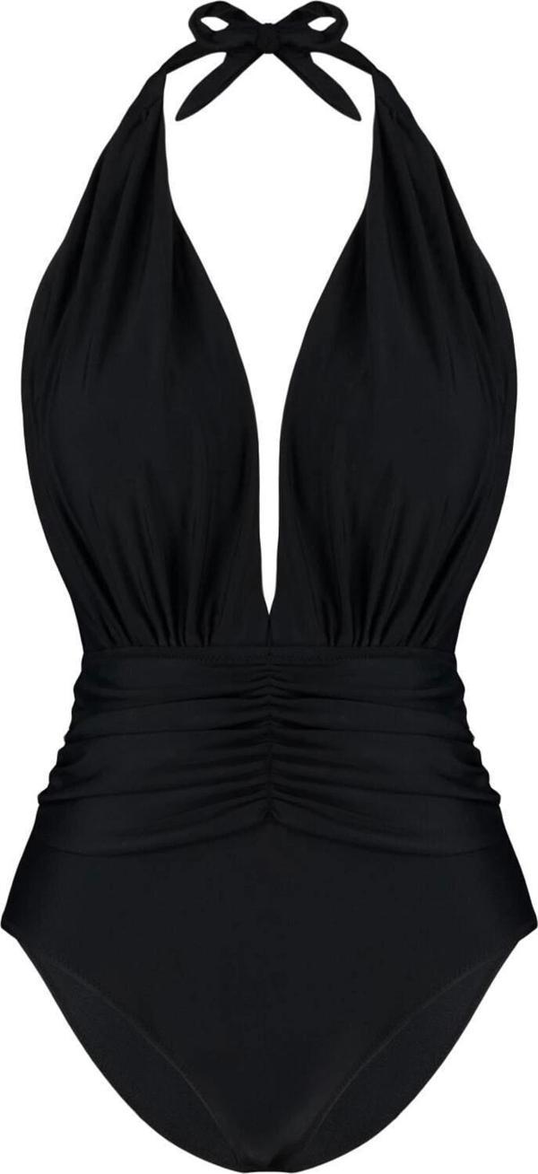 Kadın Sabit Kap Askılı Derin V Yaka Siyah Derin Dekolteli Büzgülü Regular Mayo - Image 1