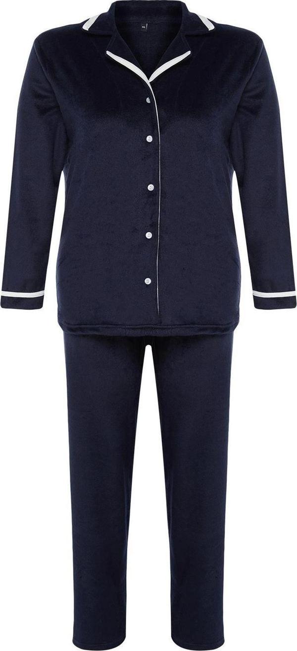 Tarz Rahat Büyük Beden Uzun Kollu Boru Paça Gömlek Yaka Biyeli Polar Örme Pijama Takımı - Image 1