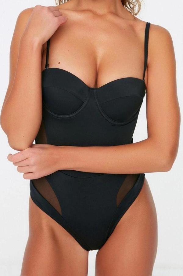 Kadın Moda Sabit Kap Askılı Brief Yaka Siyah Balkonet Mesh Detaylı Regular Mayo - Image 1