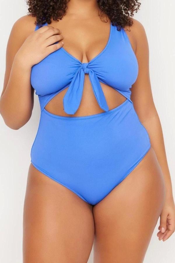 Büyük Beden Atma Kap Toparlayıcı Askılı Derin V Yaka Mavi Derin Cut-Out Bağlamalı Mayo - Image 1