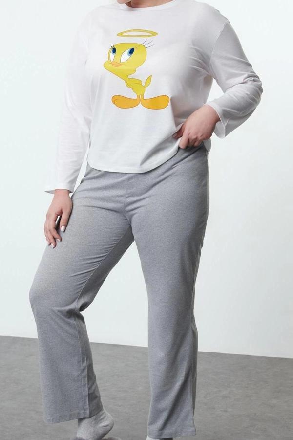 Tarz Rahat Büyük Beden Uzun Kollu Boru Paça Tweety Örme Pijama Takımı - Image 1