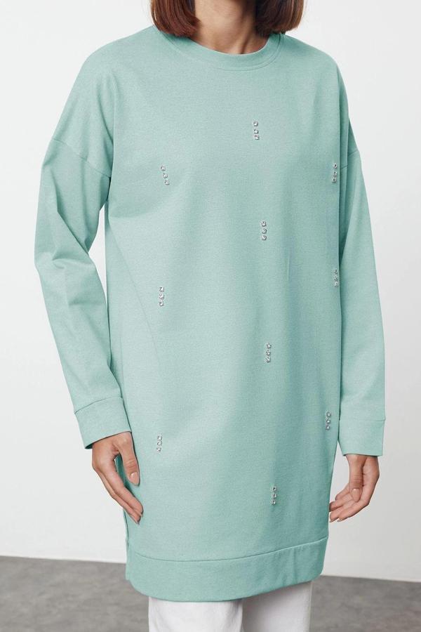 Tesettür Tarz Relaxed Bisiklet Yaka Düşük Kol Regular Basic Taş Detaylı Sweatshirt - Image 1