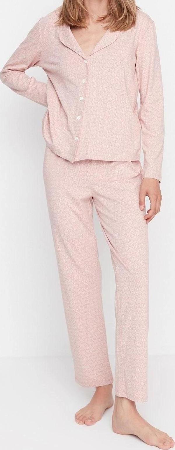 Tarz Rahat Uzun Kollu Boru Paça %100 Pamuklu Baskılı Gömlek-Pantolon Örme Pijama Takımı - Image 1