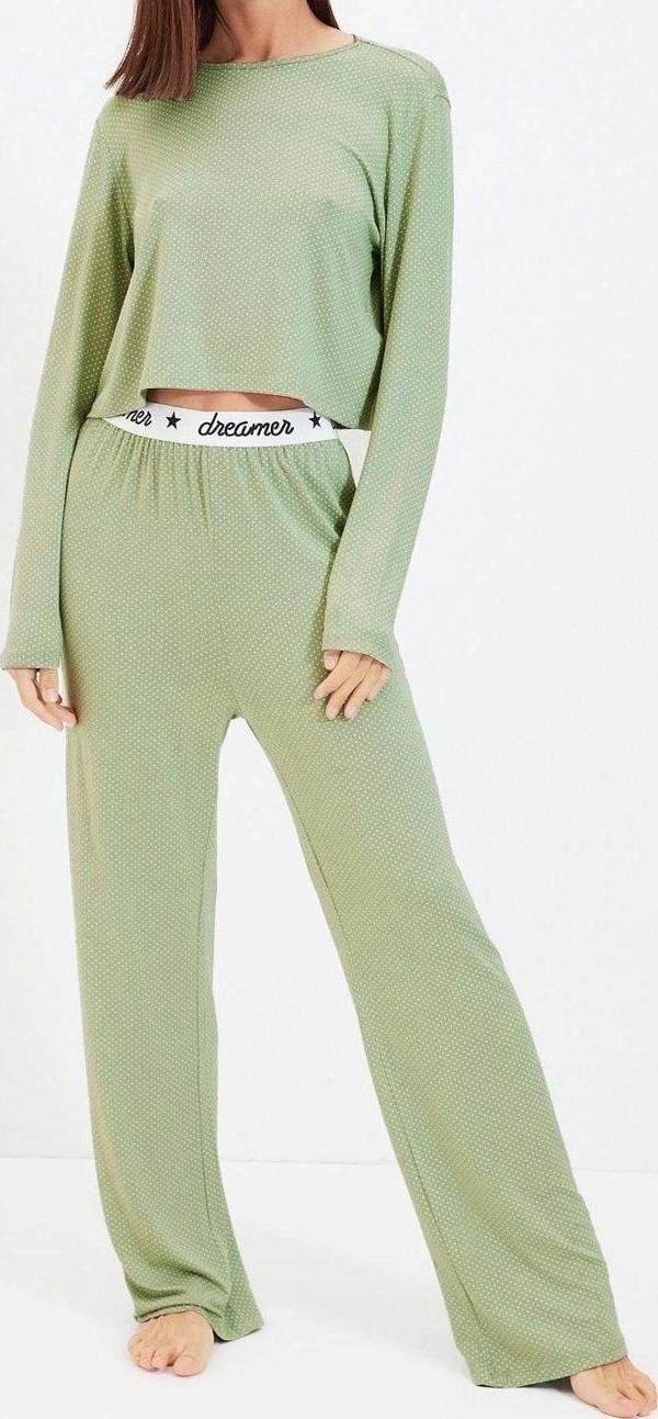 Tarz Rahat Uzun Kollu Boru Paça %100 Pamuk Puantiyeli Lastikli T-shirt-Pantolon Örme Pijama Takımı - Image 1