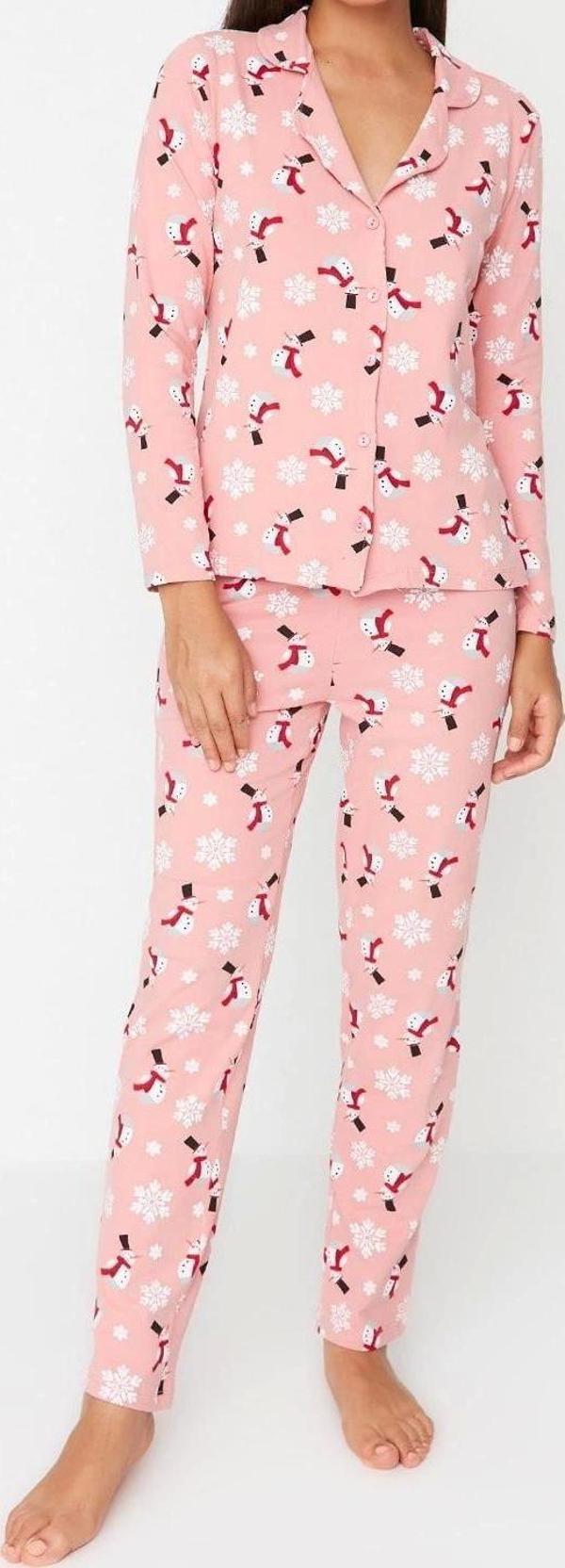 Tarz Rahat Uzun Kollu Boru Paça %100 Pamuk Yılbaşı Temalı Örme Pijama Takımı - Image 1