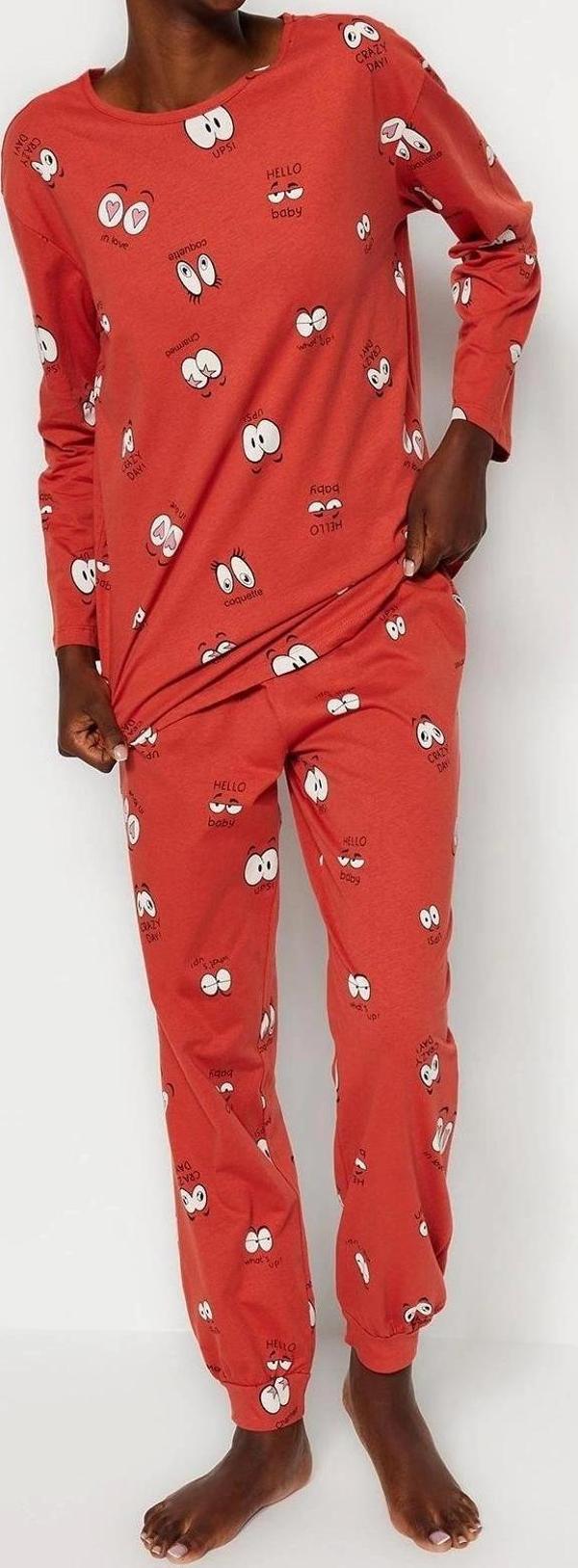 Tarz Rahat Uzun Kollu Boru Paça %100 Pamuklu Göz Desenli T-shirt-Jogger Örme Pijama Takımı - Image 1