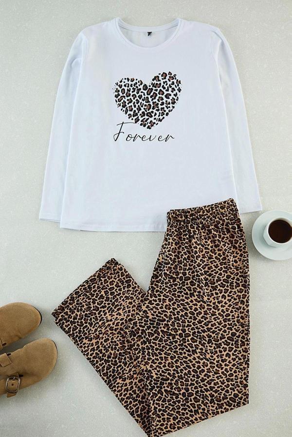 Tarz Rahat Büyük Beden Uzun Kollu Boru Paça Leopar Desenli Örme Pijama Takımı - Image 1
