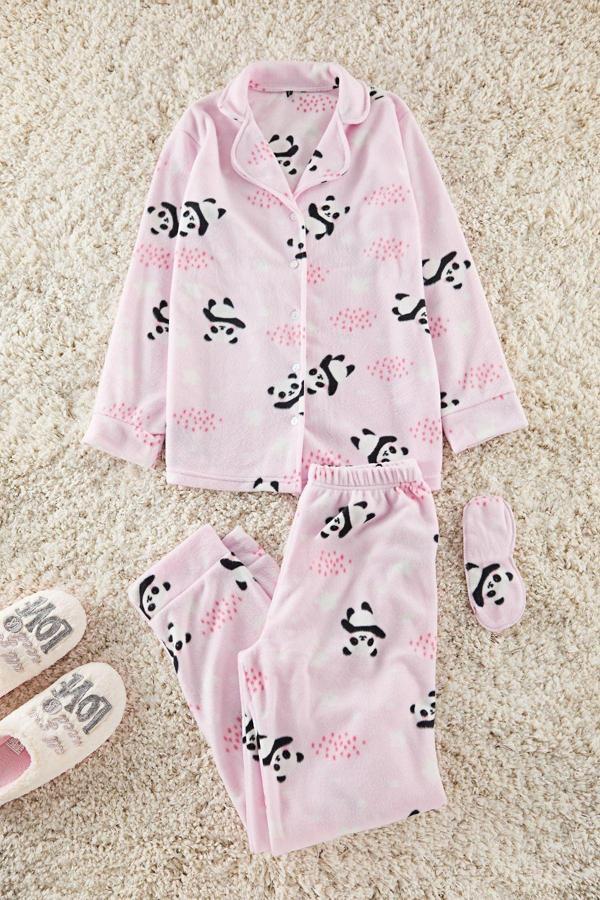 Tarz Rahat Uzun Kollu Boru Paça Panda Desenli Uyku Bantlı Polar Kışlık Örme Pijama Takımı - Image 1